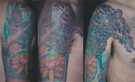 tattoos/ - Japanese lotus with shrine and chrysanthemum chestplate - 122085